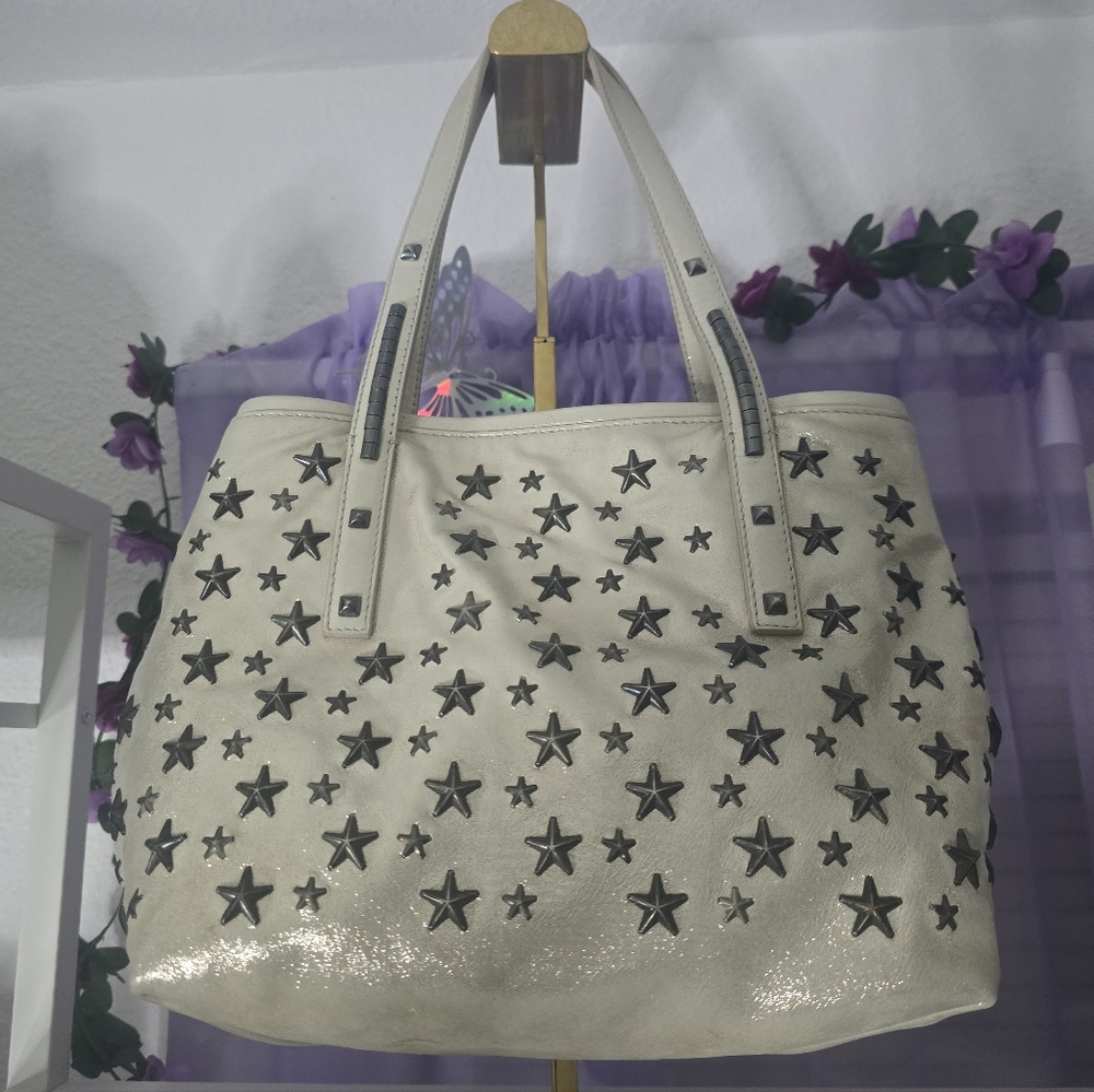 Jimmy Choo Cream Shimmer Star-Studded Nylon W/ Suade Shoulder Bag (EUC)COA CARD✨ - Picture 12 of 14